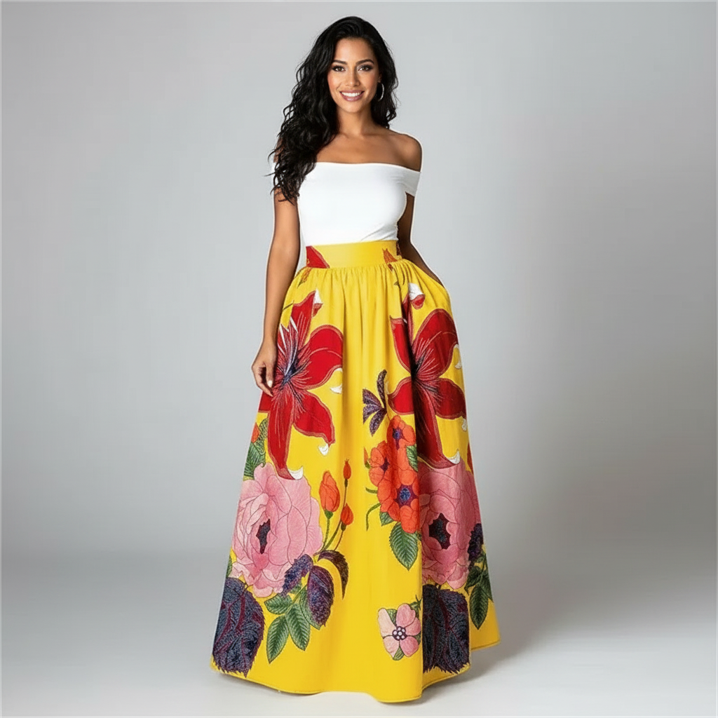 Bloemen maxi rok met hoge taille voor dames in geel