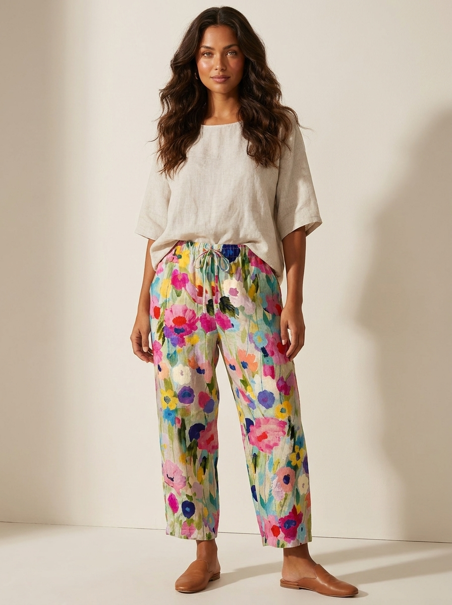 Bloemenbroek met elastische taille in veelkleurig