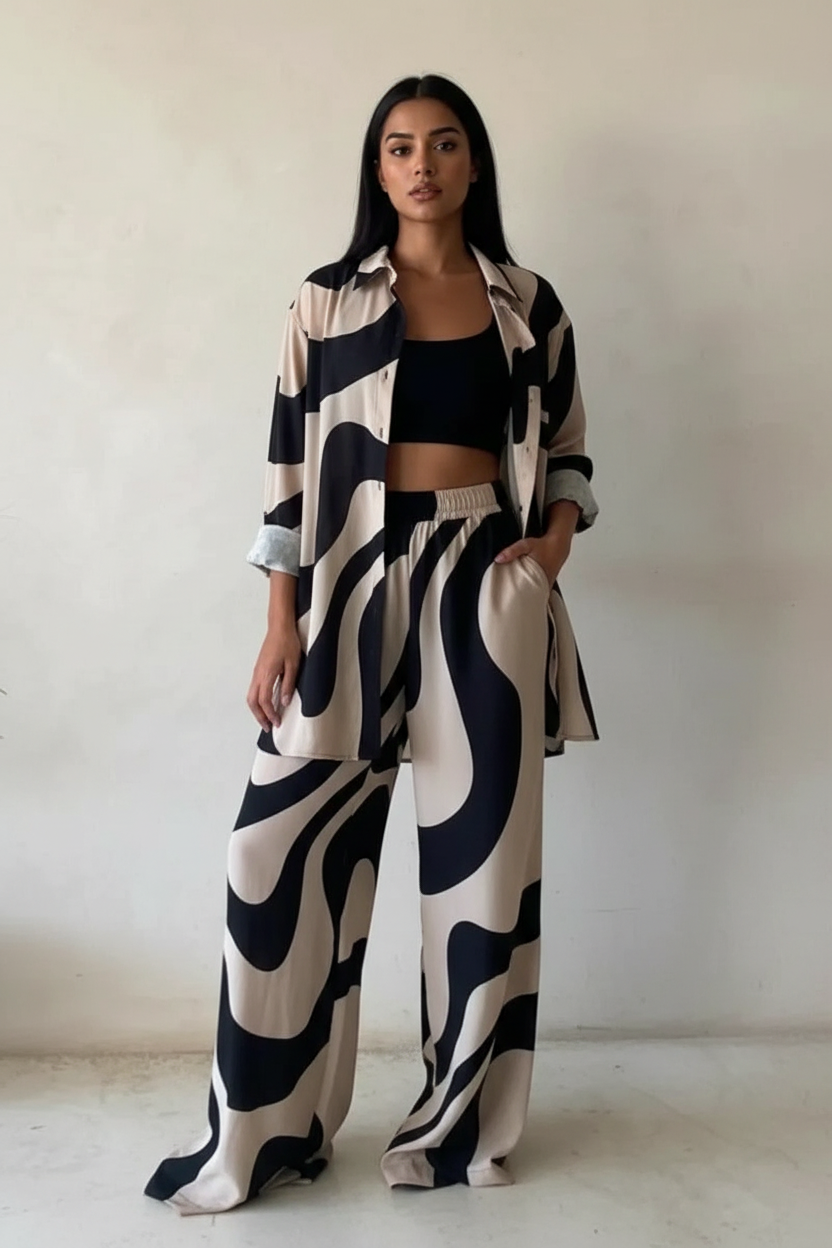 Blouse en broek set met grafische print voor dames in beige-zwart