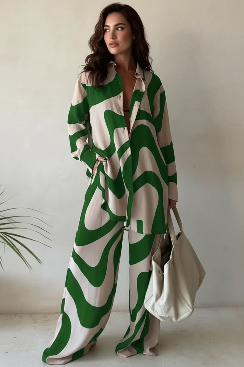 Blouse en broek set met grafische print voor dames in beige-groen