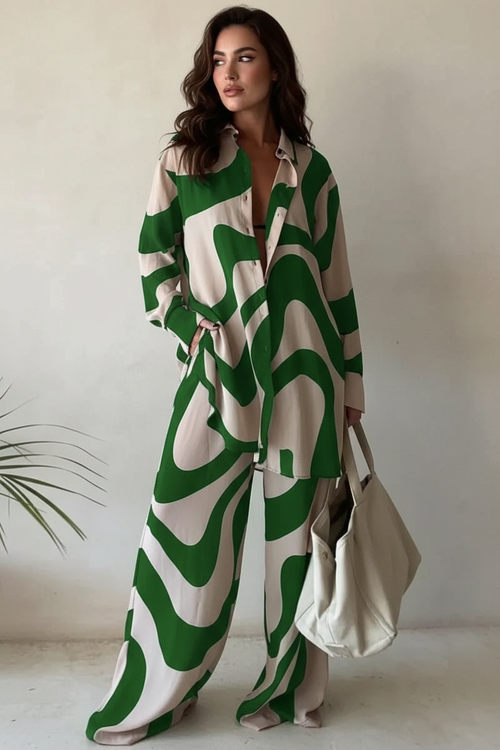 Blouse en broek set met grafische print voor dames in beige-groen