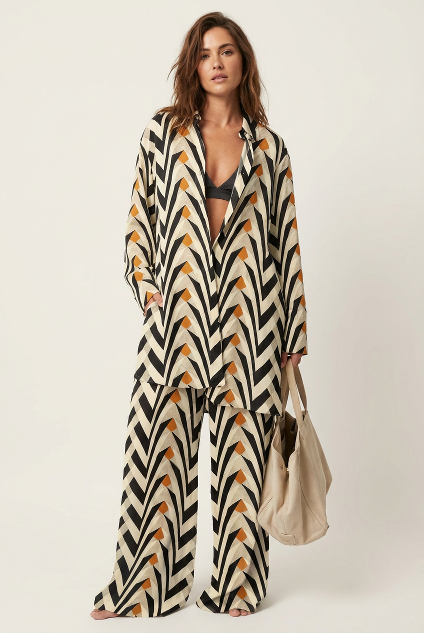 Blouse en broek set met grafische print voor dames in geel zwart