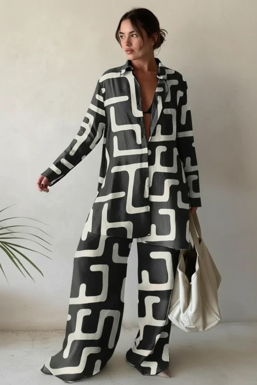 Blouse en broek set met grafische print voor dames in wit-grijs