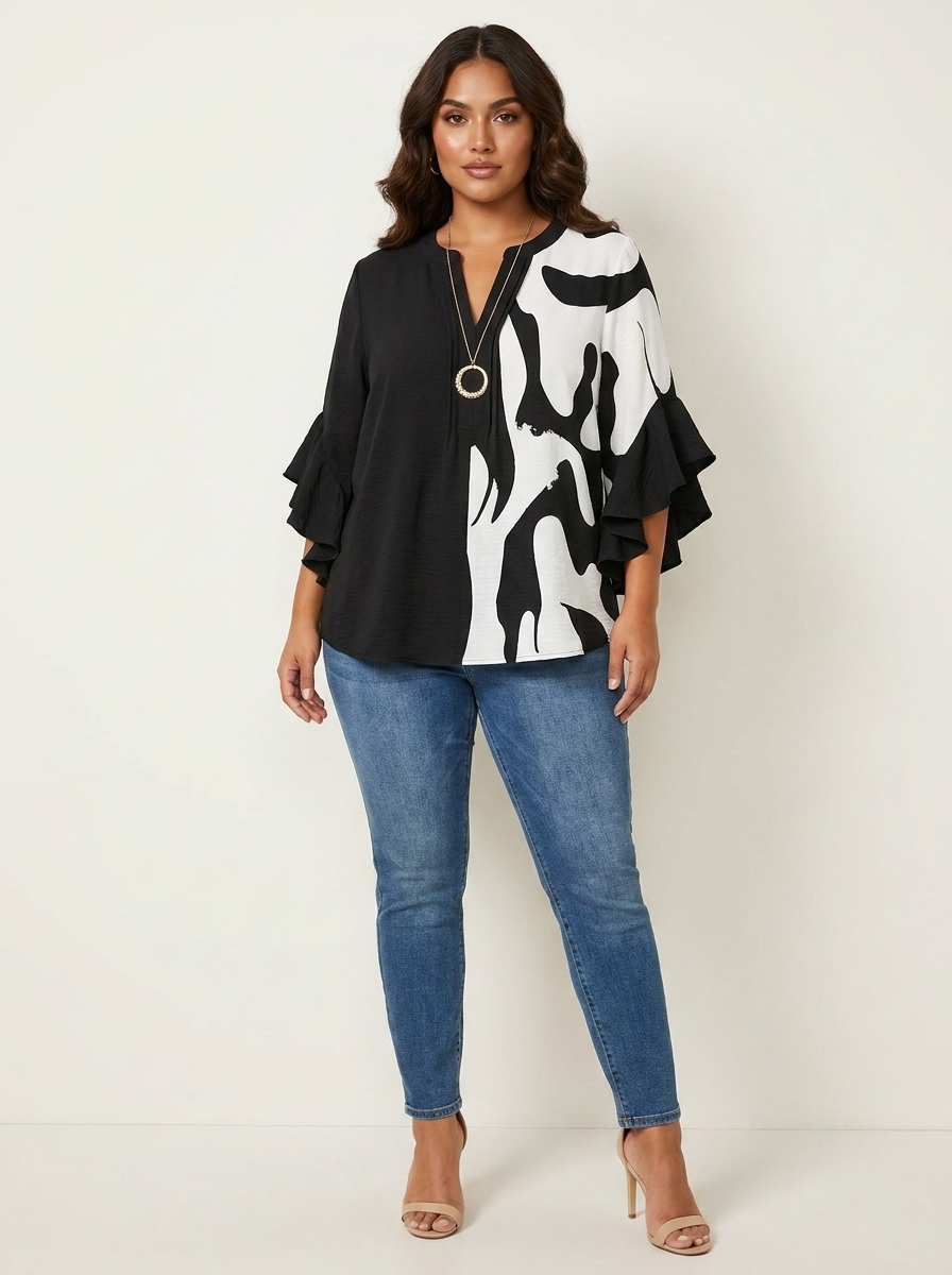 Blouse met bloemenprint, V-hals en ruchemouwen voor dames in zwart