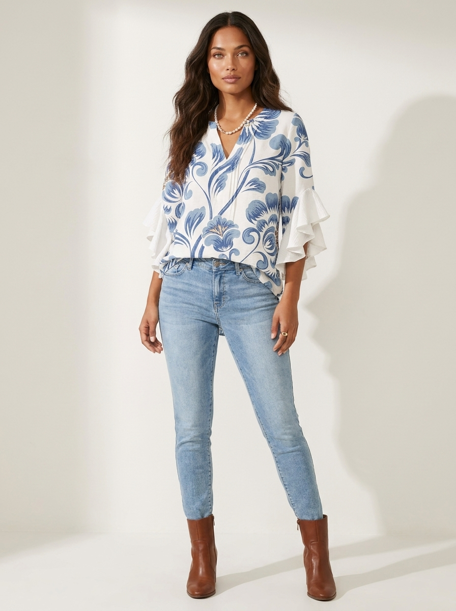 Blouse met bloemenprint, V-hals en ruchemouwen voor dames in wit/blauw