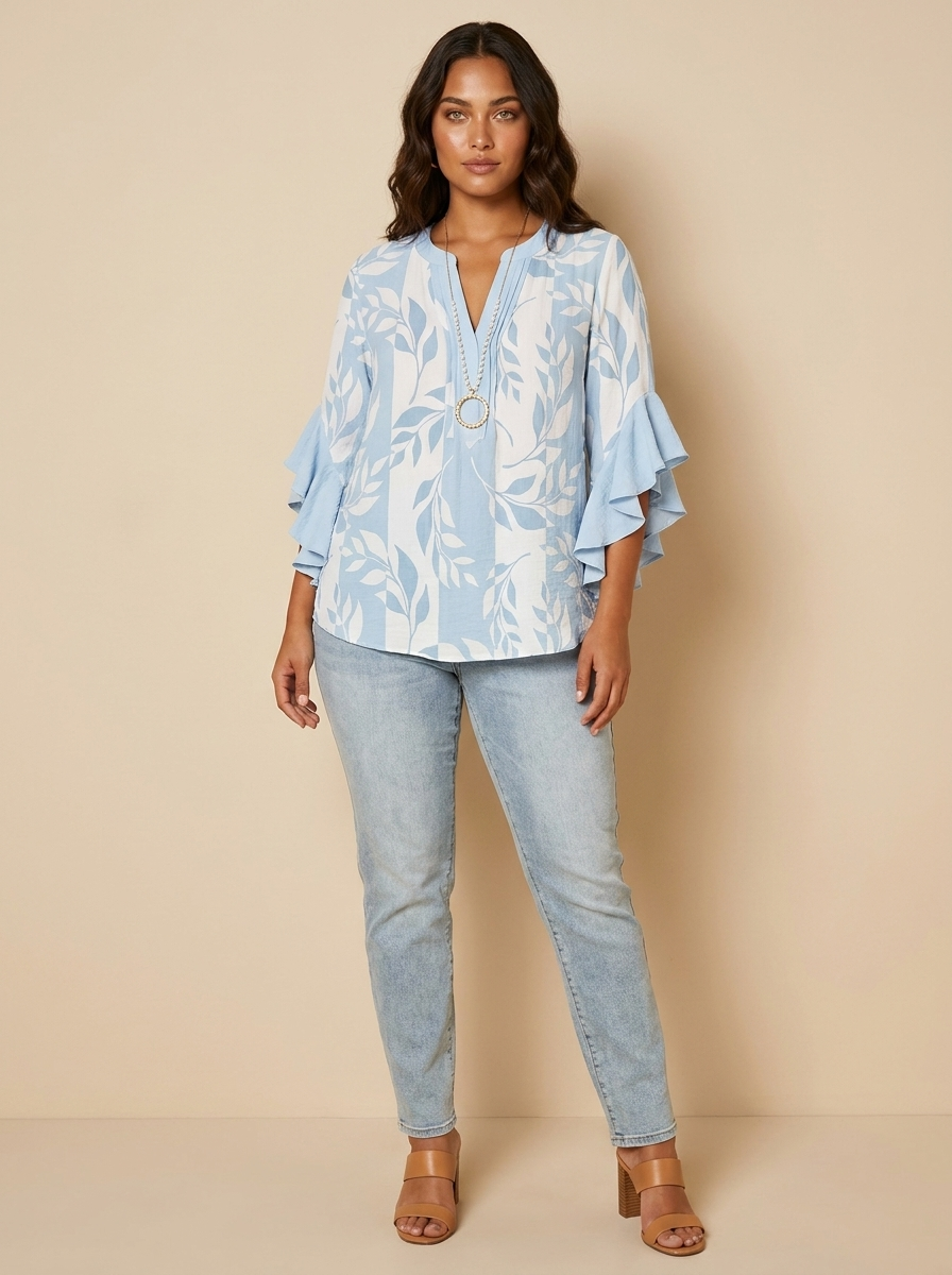 Blouse met bloemenprint, V-hals en ruchemouwen voor dames in lichtblauw