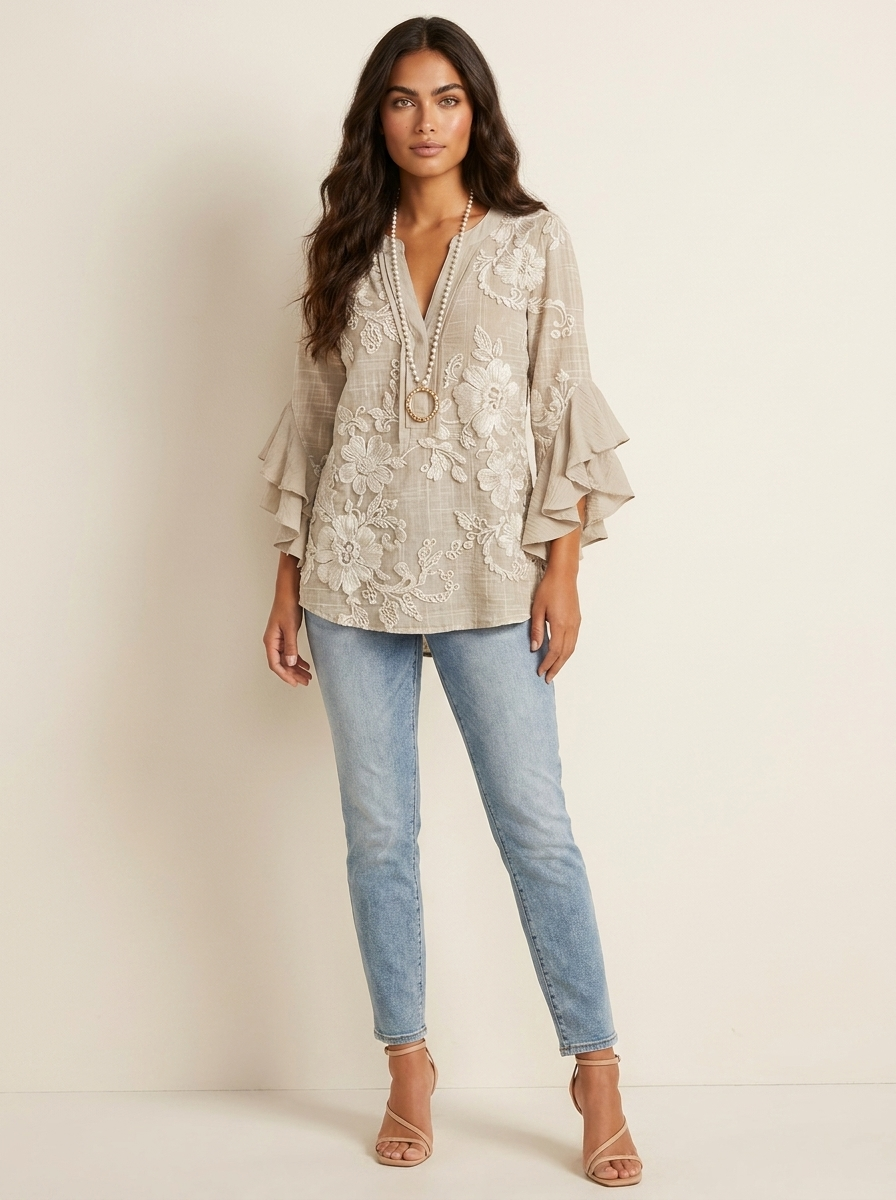 Blouse met bloemenprint, V-hals en ruchemouwen voor dames in lichtbruin