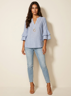 Blouse met bloemenprint, V-hals en ruchemouwen voor dames in blauw