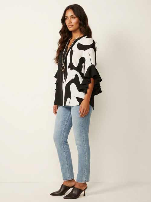 Blouse met bloemenprint, V-hals en ruchemouwen voor dames