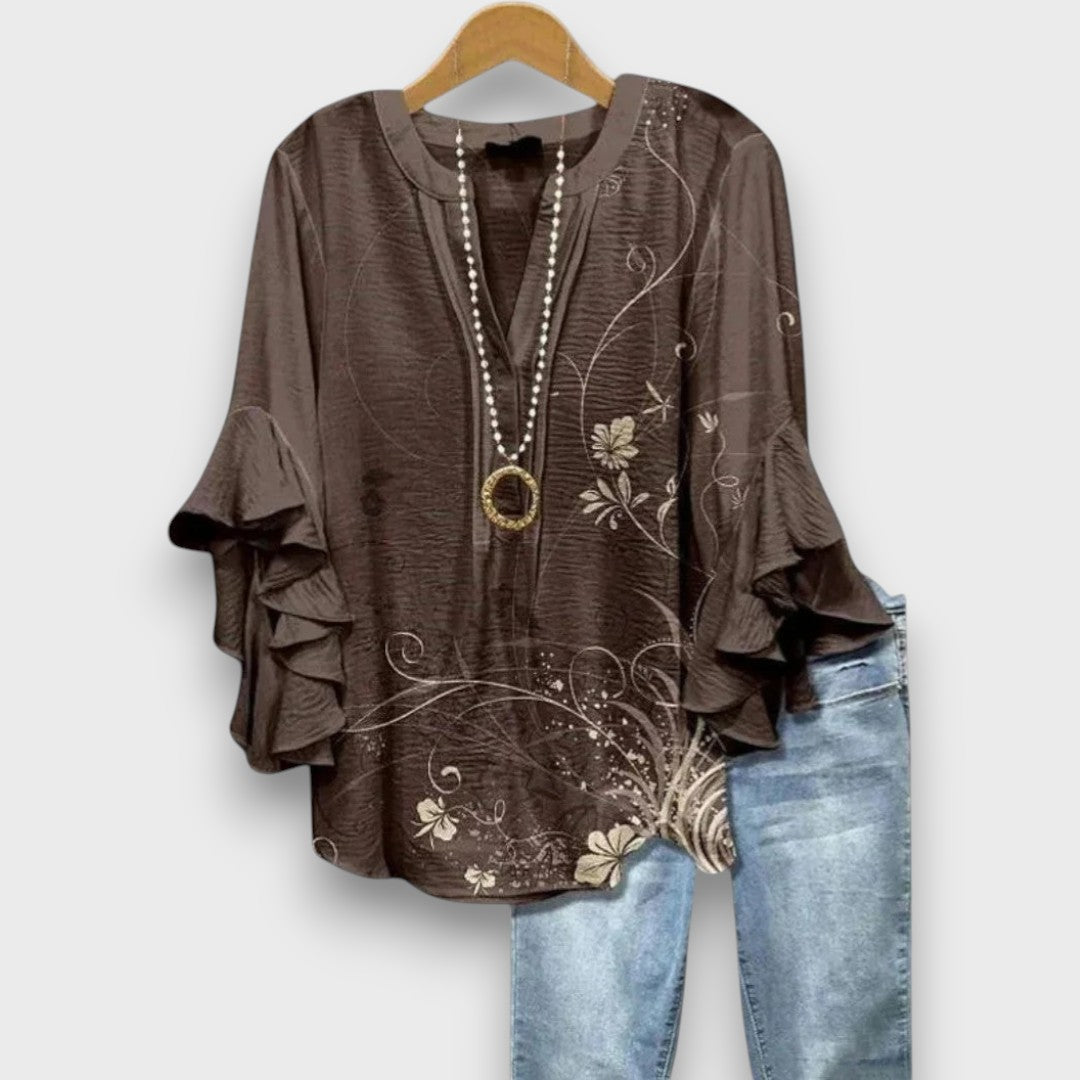 Blouse met bloemenprint, V-hals en ruchemouwen voor dames