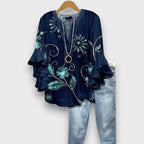 Blouse met bloemenprint, V-hals en ruchemouwen voor dames