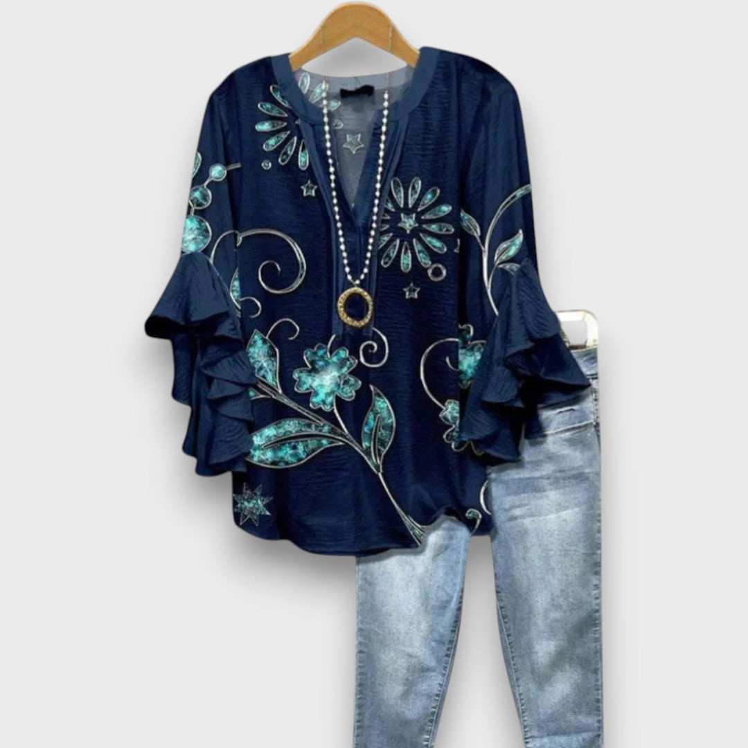 Blouse met bloemenprint, V-hals en ruchemouwen voor dames