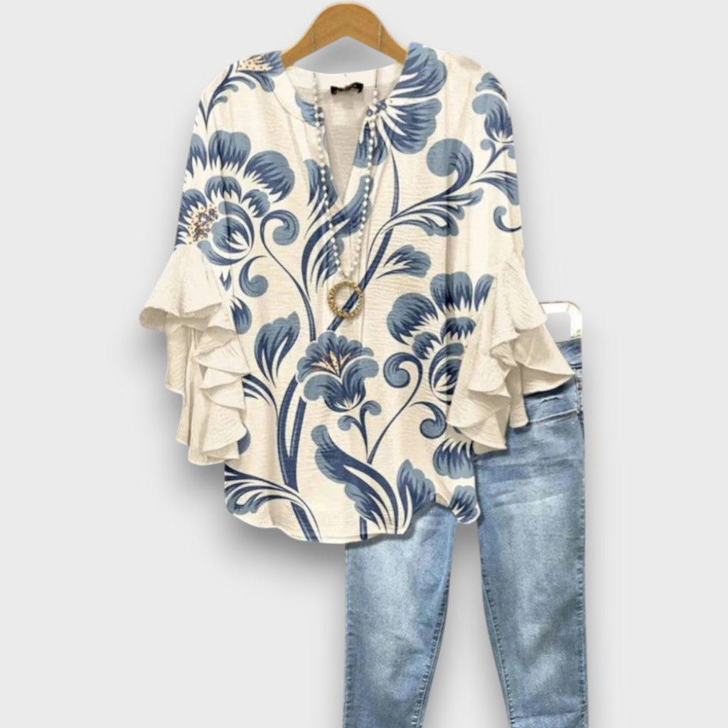 Blouse met bloemenprint, V-hals en ruchemouwen voor dames