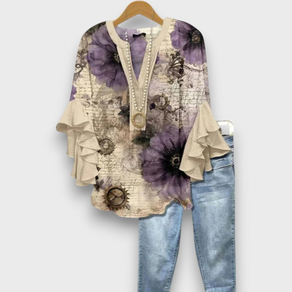 Blouse met bloemenprint, V-hals en ruchemouwen voor dames