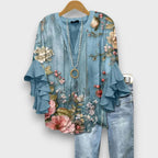 Blouse met bloemenprint, V-hals en ruchemouwen voor dames