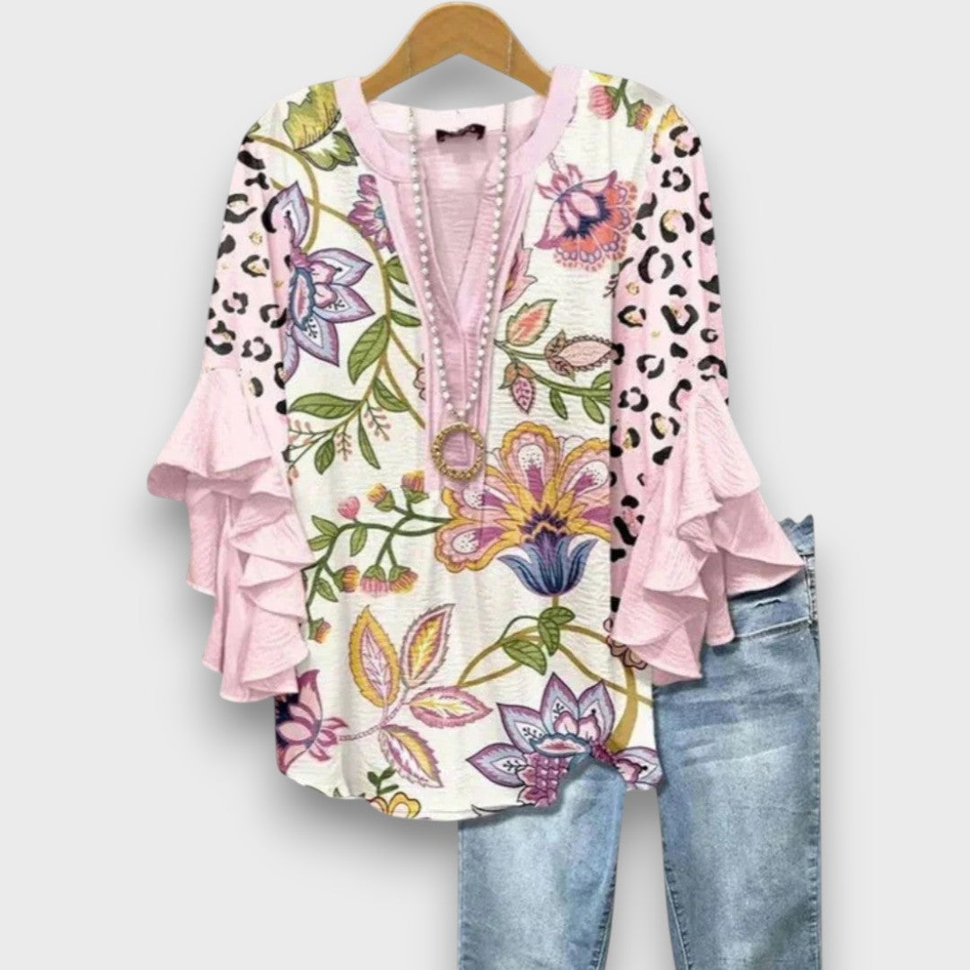 Blouse met bloemenprint, V-hals en ruchemouwen voor dames