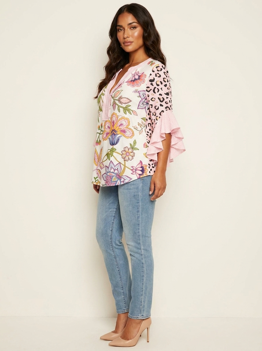 Blouse met bloemenprint, V-hals en ruchemouwen voor dames