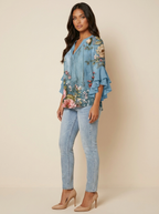 Blouse met bloemenprint, V-hals en ruchemouwen voor dames