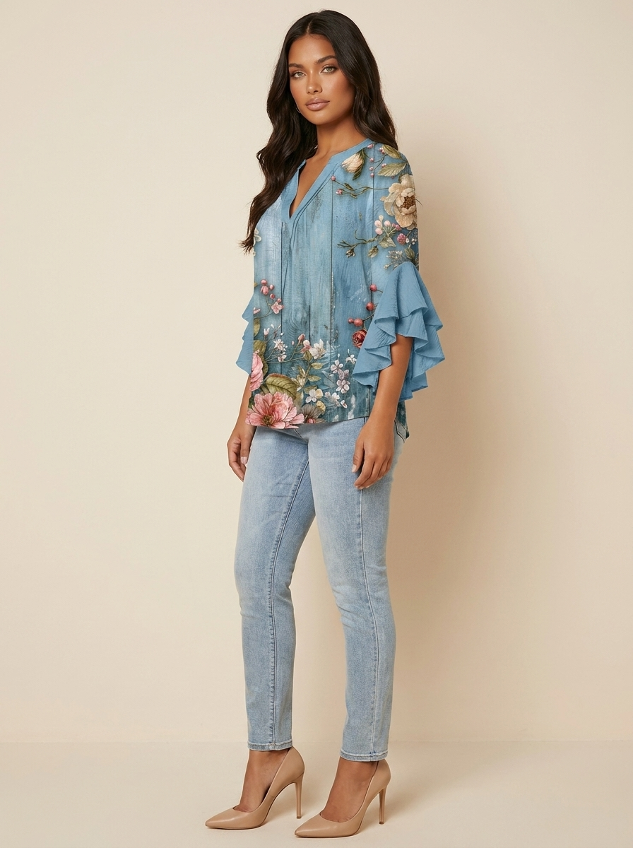 Blouse met bloemenprint, V-hals en ruchemouwen voor dames