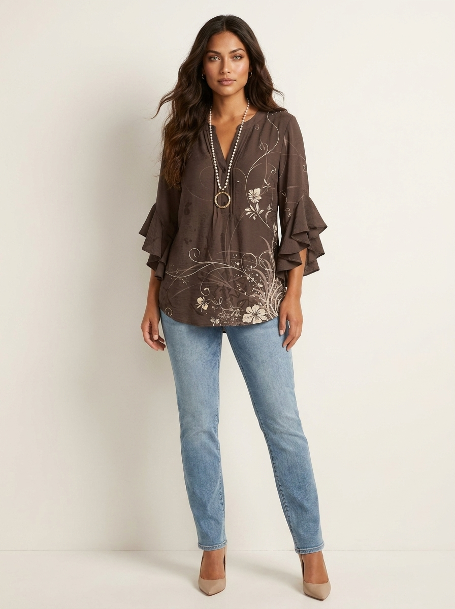 Blouse met bloemenprint, V-hals en ruchemouwen voor dames