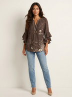 Blouse met bloemenprint, V-hals en ruchemouwen voor dames