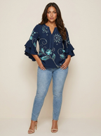 Blouse met bloemenprint, V-hals en ruchemouwen voor dames in donkerblauw