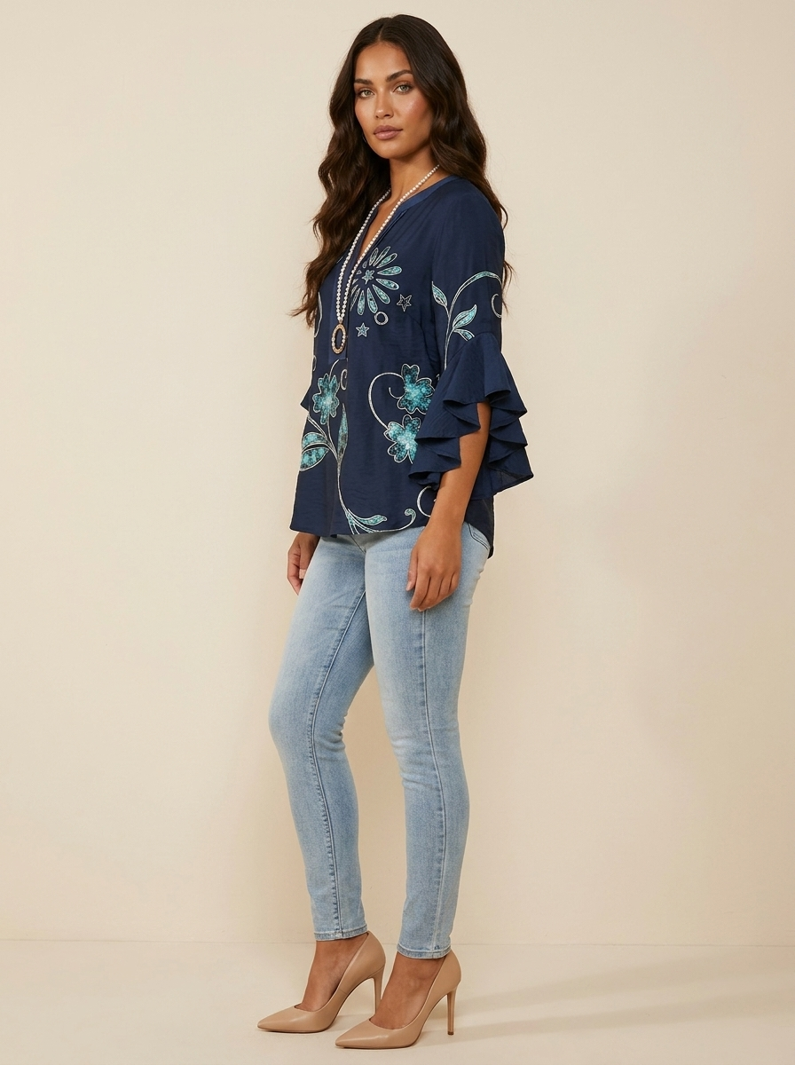 Blouse met bloemenprint, V-hals en ruchemouwen voor dames
