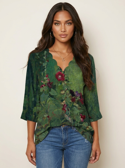Blouse met botanische print en V-hals