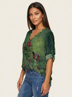 Blouse met botanische print en V-hals