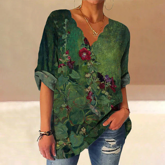 Blouse met botanische print en V-hals
