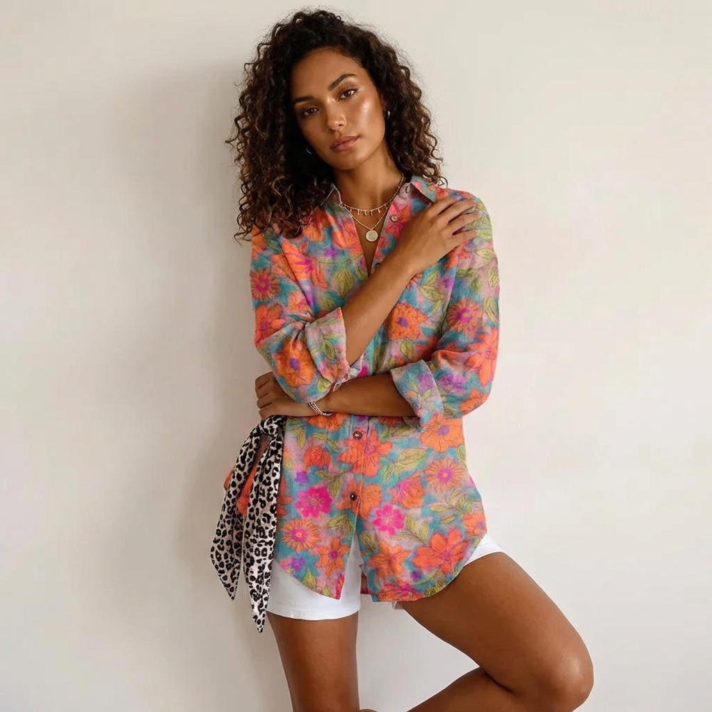 Blouse met exotische print en knoopsluiting in grijs