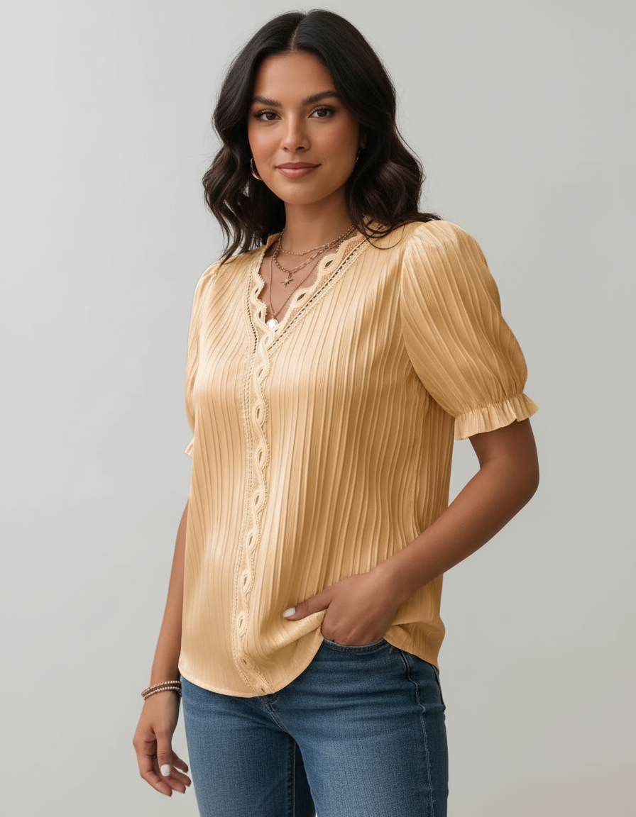 Blouse met kanten V-hals en plisséstructuur in oranje
