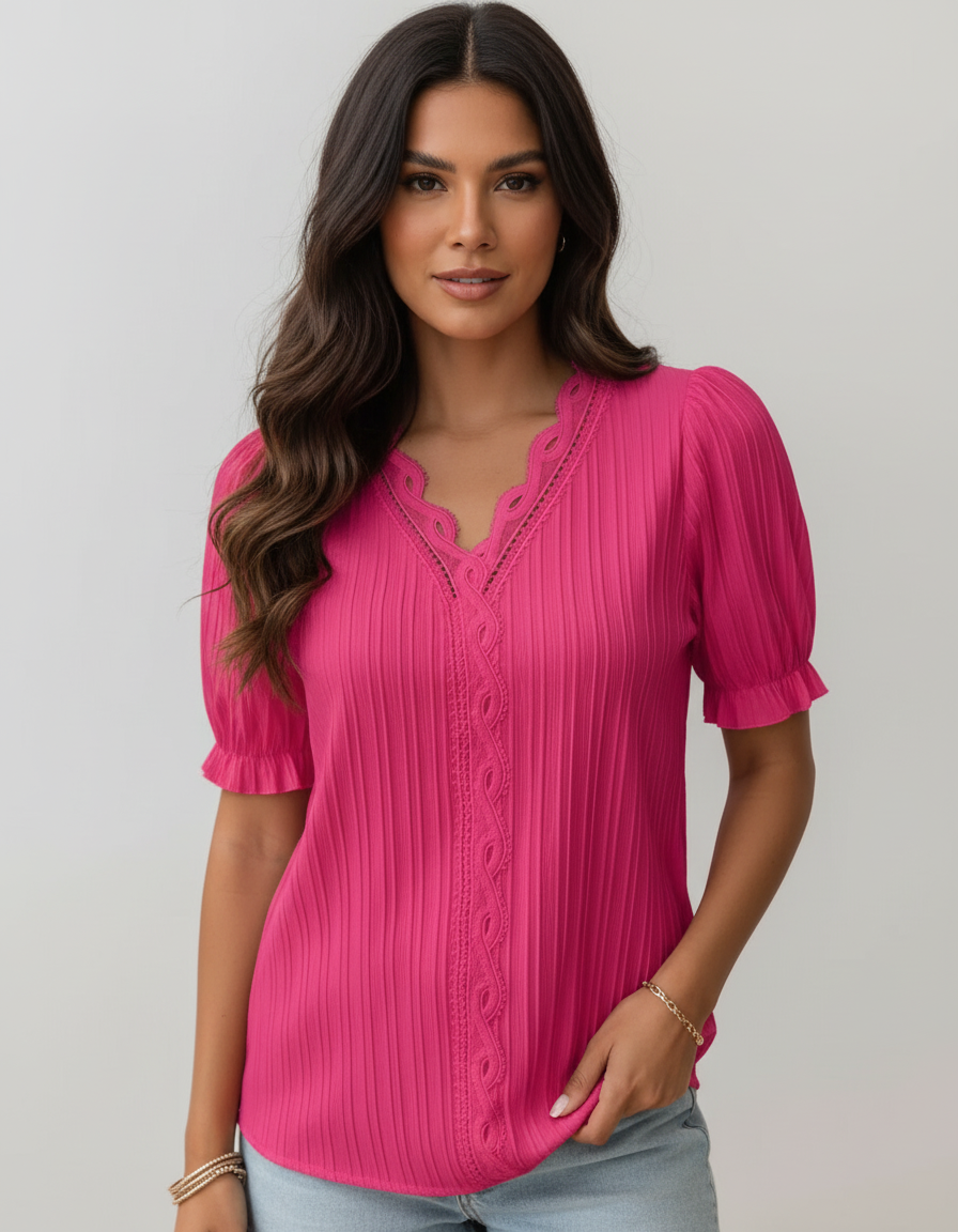 Blouse met kanten V-hals en plisséstructuur in roze