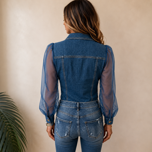 Blouse met klassieke kraag in denimlook voor dames