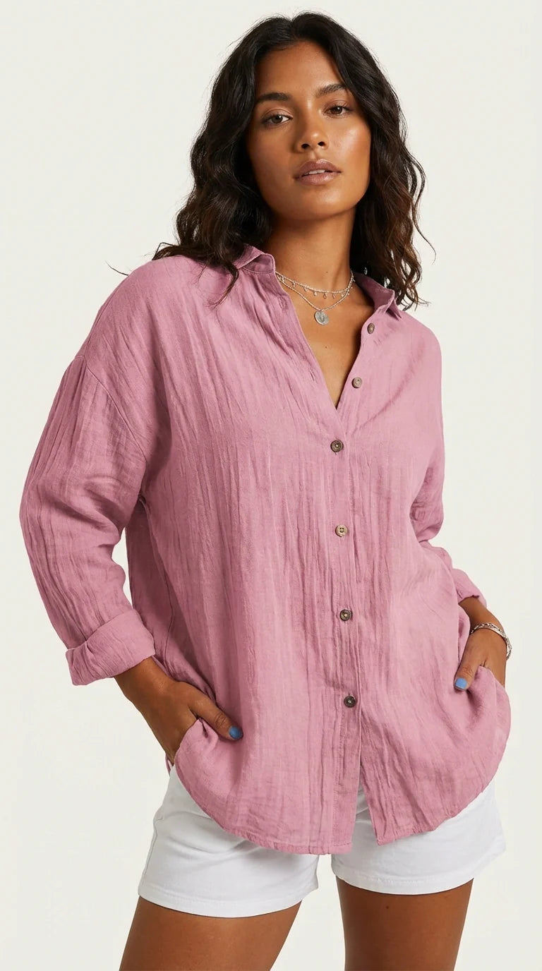 Luchtige blouse met knoopsluiting en kraag in roze