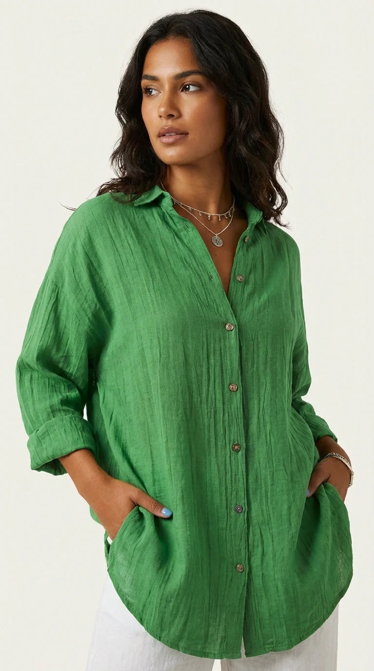 Luchtige blouse met knoopsluiting en kraag in groen