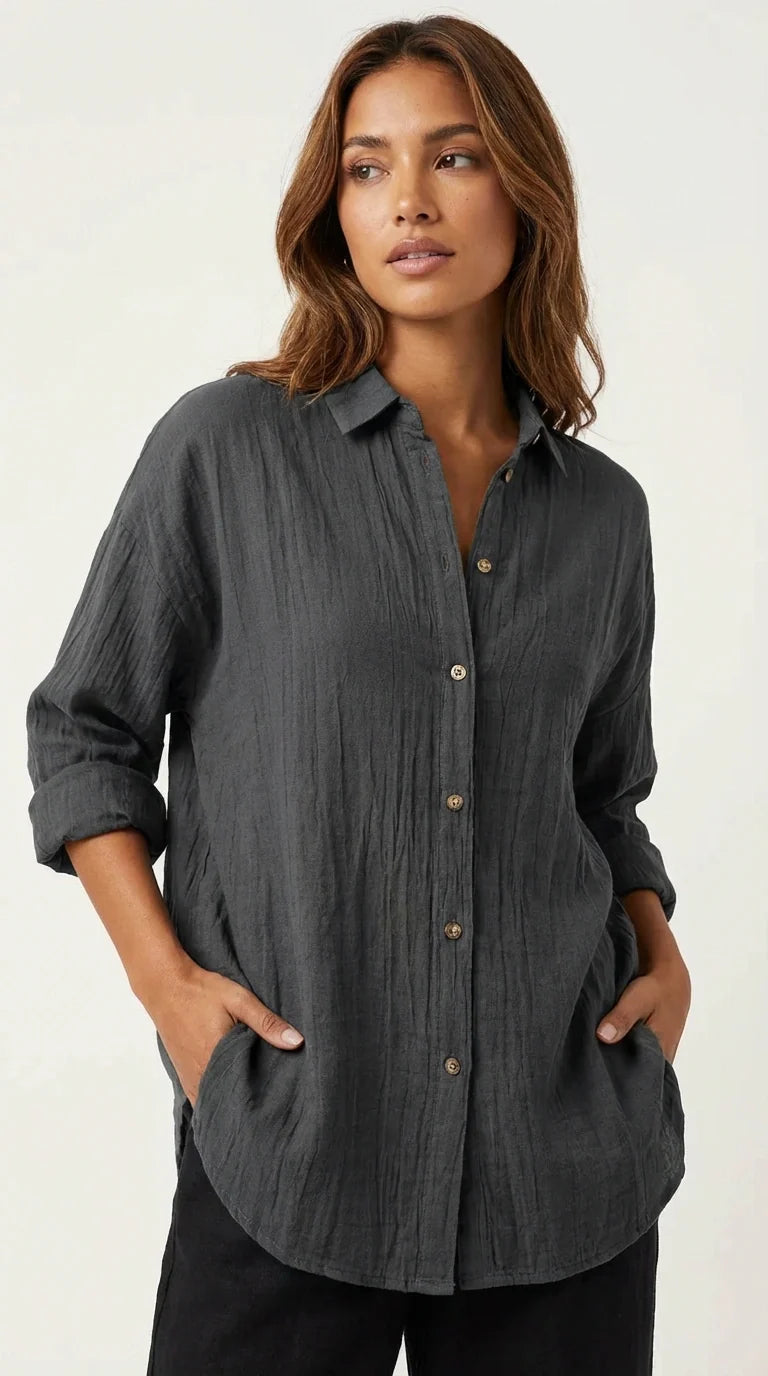 Luchtige blouse met knoopsluiting en kraag in zwart
