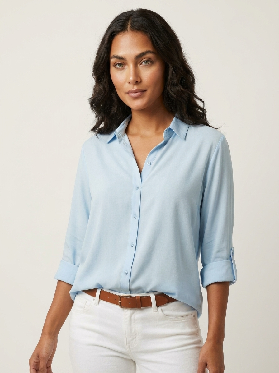 Blouse met knoopsluiting en klassieke kraag voor dames in blauw