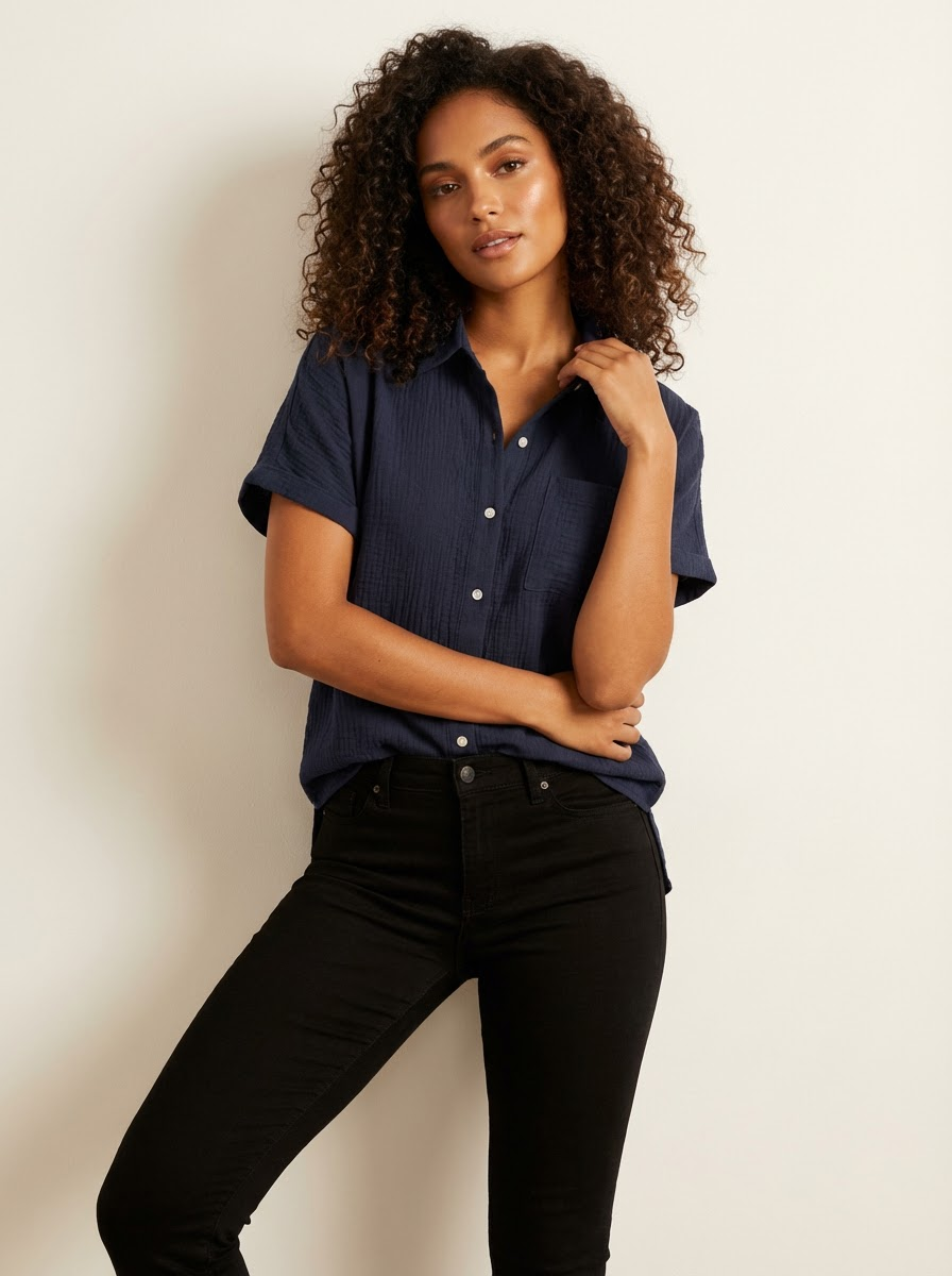 Blouse met korte mouwen en borstzak in navy