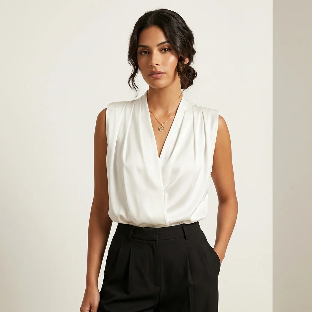Blouse met plooidetails en V-hals in wit