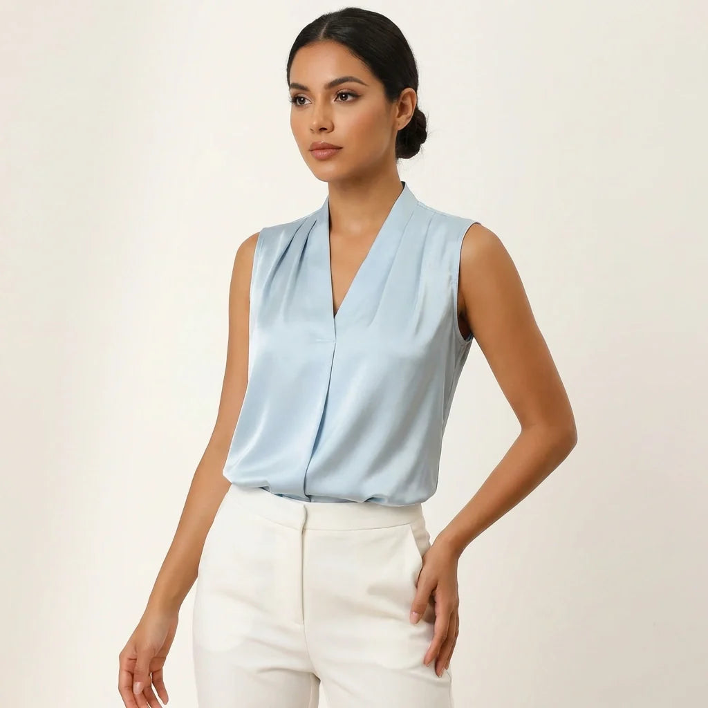 Blouse met plooidetails en V-hals in licht blauw