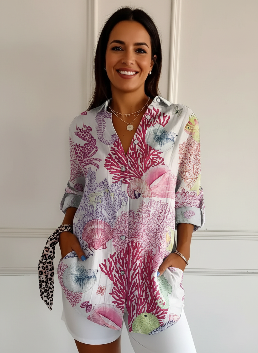 Blouse met print en klassieke kraag in roze bloemen