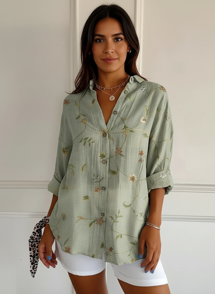 Blouse met print en klassieke kraag in groen