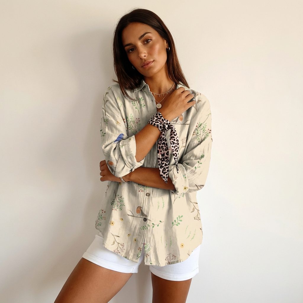 Blouse met print en klassieke kraag in beige