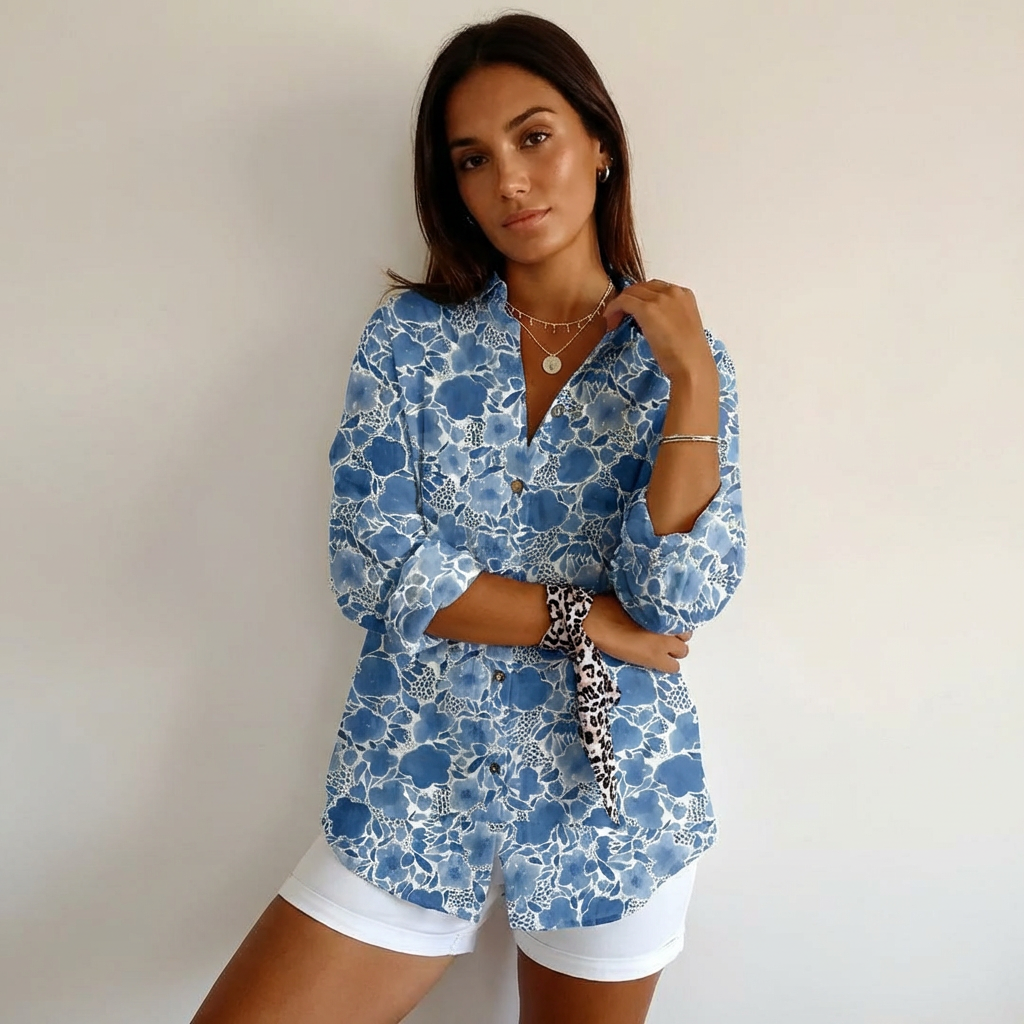 Blouse met print en klassieke kraag in blauw