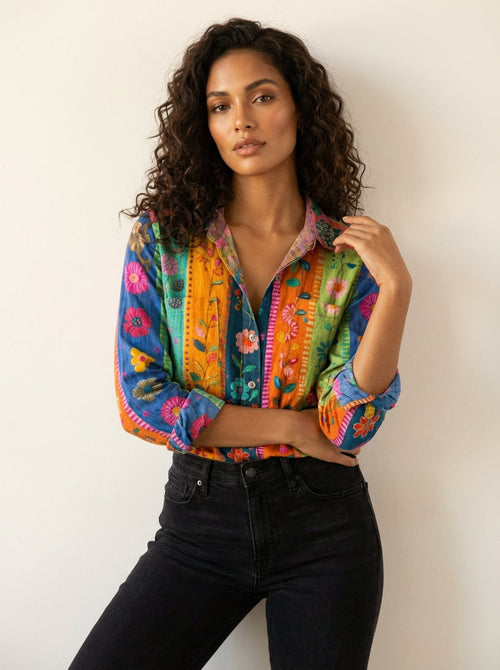 Blouse met print en knoopsluiting in gekleurd