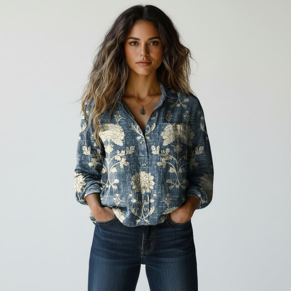Blouse met print en knoopsluiting in blauw