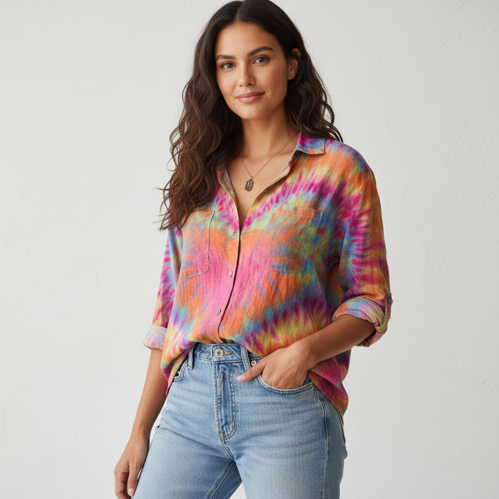 Blouse met tie-dye print en knoopsluiting in roze