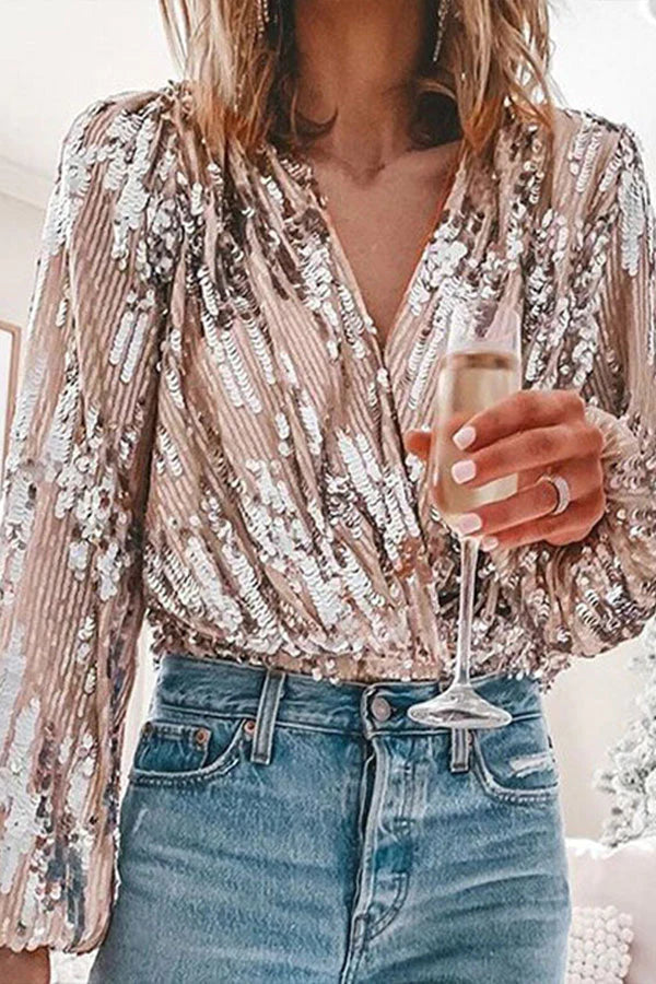 Blouse met V-hals en pailletten voor dames in champagne