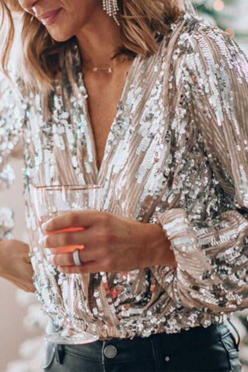 Blouse met V-hals en pailletten voor dames in champagne